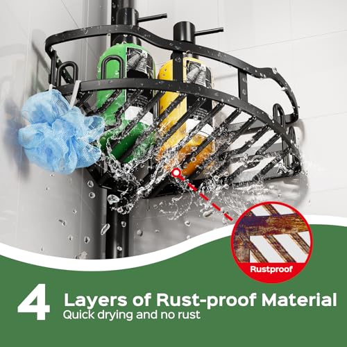 HAMITOR Shower Caddy Tension Pole: Rustproof Quick Install Corner Bathroom Organizer Shelf on Floor for Renters - 4-Tier Large Capacity Storage Rack with Soap Holder for Apartment -47-121 Inch/Black - color: Black