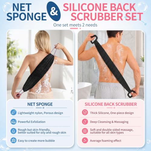 Manmihealth Silicone Back Scrubber for Shower & African Net Sponge Net Set, 36'' Dual-Sided Back Washer & African Long Bath Sponge, Extendable Long Silicone Body Brush(Black+Black) - color: Black+black