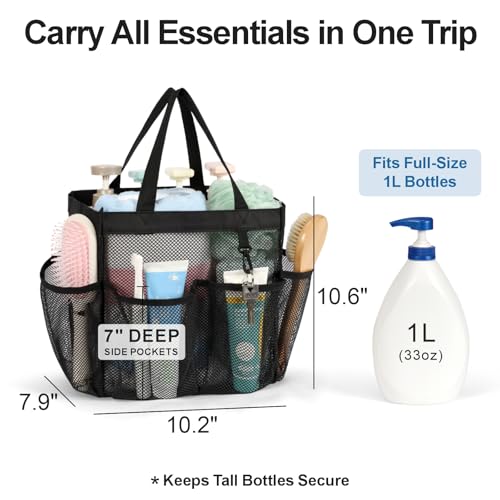Mesh Shower Caddy Portable - 8 Pockets, S-Hook, Shower Bag for Dorm Camping | 2-Handle, Quick-Dry, Hanging Toiletry Organizer, College Dorm Room Essentials for Girls, Gym, Travel & Bathroom, Black - color: 1 Pack L Black, size: L (Classic Dorm Caddy)