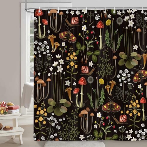 Retro Mushroom Shower Curtain for Bathroom, Fairy Forest Flowers Plants on Black Background Bath Curtains, Vintage Botanical Fabric Shower Curtain Sets with Hooks 72 x 84 - color: Red Black, size: 72"W x 84"L (Pack of 1)