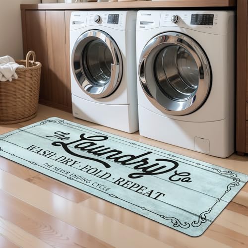 Pauwer Laundry Room Rug Runner 20"x60" Waterproof Rubber Laundry Mat Non Slip Kitchen Mats for Floor Washable Floor Mat Runner Rug for Farmhouse Mudroom Washroom Bathroom Decor - color: Lake Blue, size: 1'8" x 5'
