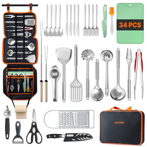 Gaialoop Portable Camping Cooking Utensils Set, Camp Kitchen Set with Organizer Bag, RV Essentials Outdoor Cooking Utensil Kit for Travel, Picnics, Camping, BBQs, Parties - style: 34pcs