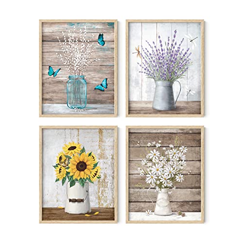 HAUS AND HUES Flower Wall Decor - Set of 4 Floral Wall Art, Framed Flower Painting, Floral Pictures for Kitchen, Bedroom, Living Room (Framed Beige 11x14) - color: Farmhouse Bouquets, size: 11x14, style: Beige Framed