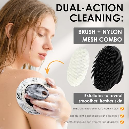 INNERNEED Food-Grade Soft Silicone Body Scrubber Shower Brush Handheld Cleansing Skin Brush, with Exfoliating Net Sponge Case (Black Brush) - color: (Set5) Blackcase