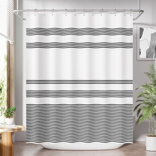 AmazerBath Shower Curtain, Striped Black Fabric Shower Curtain Set with 12 Shower Curtain Hooks, Rustic Cloth Black and White Curtain, Farmhouse Bathroom Shower Curtain Sets, 72x84 Inches - color: A- Black Stripe +12 Metal Hooks, size: 72"W x 84"L (Pack o