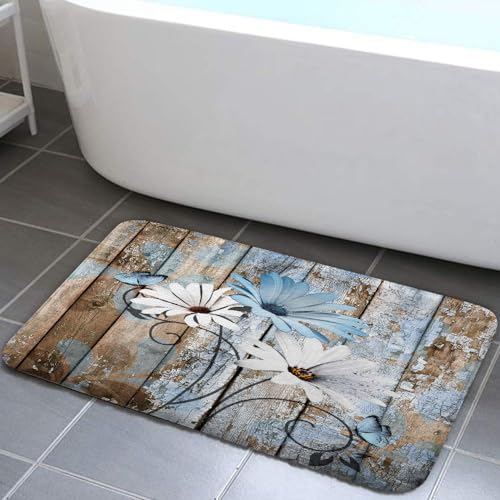 Farmhouse Floral Flower Bath Mat, Daisy Rustic Wooden Plank Country Barn Wood Blue Flower Non-Slip Flannel Soft Doormat Floor Entryways Outdoor Indoor Front Door Mat, (17X29) - color: Blue-01, size: 1'5" x 2'5" (Rectangular)