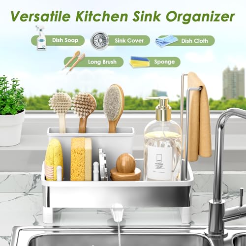 Ewaiira Stainless Steel Sink Caddy, Sponge Holder for Kitchen Sink with Brush Holder & Dishcloth Rack, Rustproof Organizer Countertop, Soap Dispenser Kitchen Organizers Storage Essentials, White 9.8″ - color: B-white