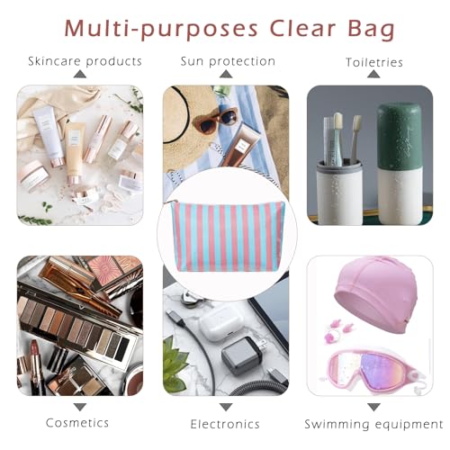 RSRSLEII Large Waterproof Travel Stripe Makeup Bag,Aesthetic PVC Toiletry Bag,Coquette Cosmetic Bag Organizer,Cute Preppy Carry-on Travel Accessories Essentials for Women Girls(02Pink Blue) - color: 02Pink Blue