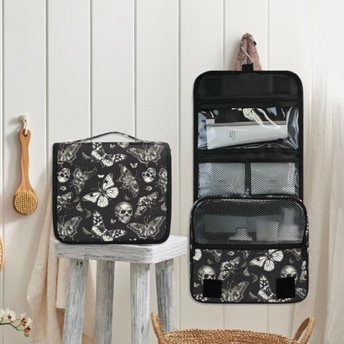 MNSRUU Hanging Toiletry Bag Gothic Skull Butterfly Travel Makeup bag for Toiletries Portable Travel Toiletry Organizer Cosmetic Bags with Hanging Hook - color: Skull A8414
