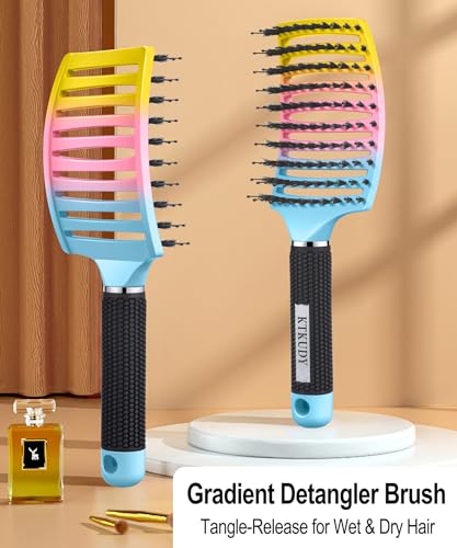 KTKUDY Detangling Brush Boar Bristles Hairbrush Make Hair Shiny & Healthier Curved and Vented Detangler Brush for Women Men Kids Wet & Dry Hair - color: Blue-Pink-Yellow Gradient