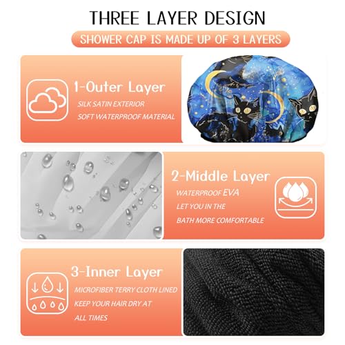 Luxury Shower Cap Terry Lined Reusable Triple Layer Waterproof Hair Elastic Caps Shower Bath Hat for Women Girls Cute Aesthetic-Black Cat - color: AL7-Black Cat