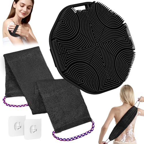 Manmihealth Soft Silicone Body Scruuber & African Bath Sponge Net Set, Gentle-Cleansing Shower Brush & Exfoliating Mesh Combination, Lathering Well Africa Wash Net Shower Scrubber (Black) - color: Shower Brush+net Sponge Set (Black)