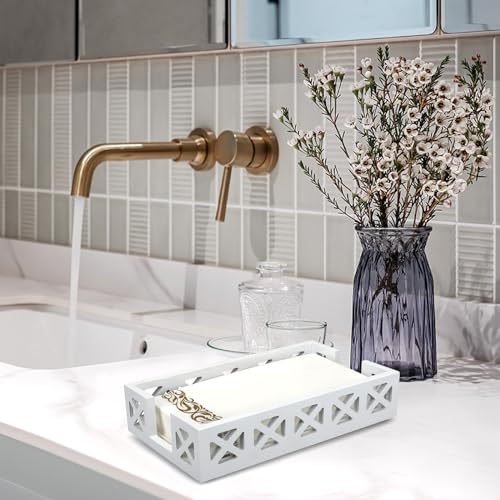 Guest Towel Holder Tray for Bathroom Napkin Holder Modern Disposable Hand Towel Holder Basket White Wooden Napkins Holder for Table Paper Rustic Bathroom Towel Tray Flat Wood Dinner Napkin Holder - color: White