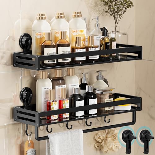 Suction Cup Shower Caddy, 15.7 inch Extended Version, 5 Hooks & Towel Rrack, No Drilling Required, Rust-resistant Bathroom Shower Organizer,with 2 Extra Suction Cups for Replacement Use(2Pack-Black) - size: 15.7 inches(2-Pack Black )