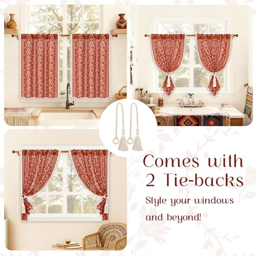 Yinhua Boho Kitchen Curtains and Valances Set Vintage Linen Terracotta Cafe Curtains Light Filtering Rod Pocket Valance Burnt Orange Farmhouse Rustic Tassel Tier and Valance, 52"W X 18"L+26"W x 36"L - color: Terracotta, size: 52"W x 36"L (Pack of 3)