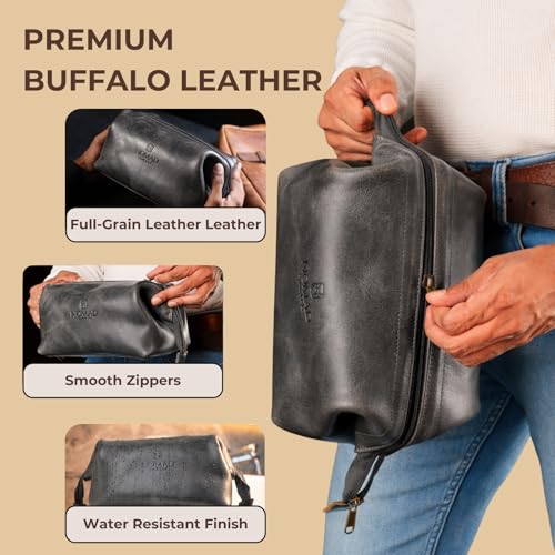 NomadCraftsCo. Premium Leather Travel Toiletry Bag for Men and Women, King-Size Dopp Kit with Waterproof Lining, Mens Toiletry Travel Bag - color: Charcoal Grey