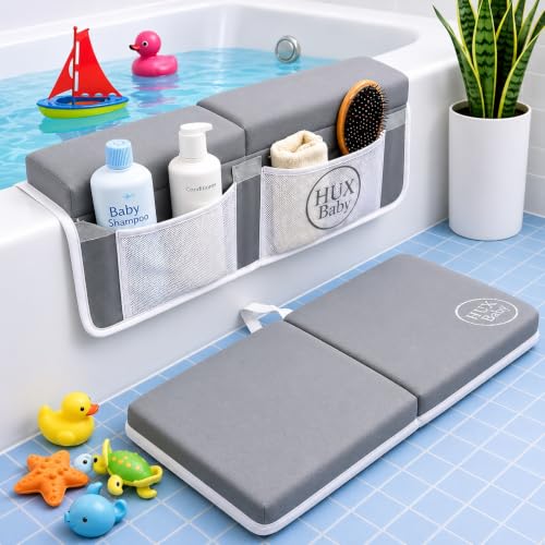 Comfortable Baby Bath Kneeler and Elbow Rest Pad Set, Non-Slip Bathtub Kneeling Pad for Bathing Baby, Bath Tub Cushion Mat, Elbow Pads, Toy Organizer Storage Pockets, Strong Suction Cups - color: Light Gray