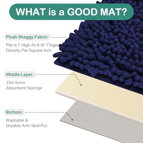 HOMEIDEAS Bathroom Rugs Set 2 Pieces, Ultra Soft Non Slip Absorbent Chenille Toilet Bath Mat Set (Navy Blue) - color: Blue-navy Blue, size: 1'8" x 2'8" (U Shape 20"x24"+20"x32")