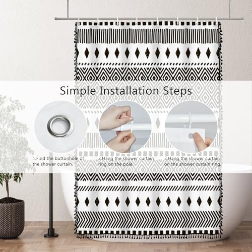 AOFOTO Bohemian Shower Curtain Black and White Geometric Design Shower Curtains with Black Tassel Boho Pattern Shower Curtains for Bathroom Waterproof Fabric Bath Curtain Sets with Hooks 48x72 Inches - color: Black Stripe, size: 48"W x 72"L (Pack of 1)
