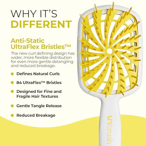 FHI Heat UNbrush Plus — Curly Hair Brush for Gentle & Effective Detangling on Wet or Dry Fragile Hair Types — Detangler Brush w/ 84 UltraFlex Bristles, Ultra-light, Vented, Anti Static Hairbrush - color: Lemon Drop