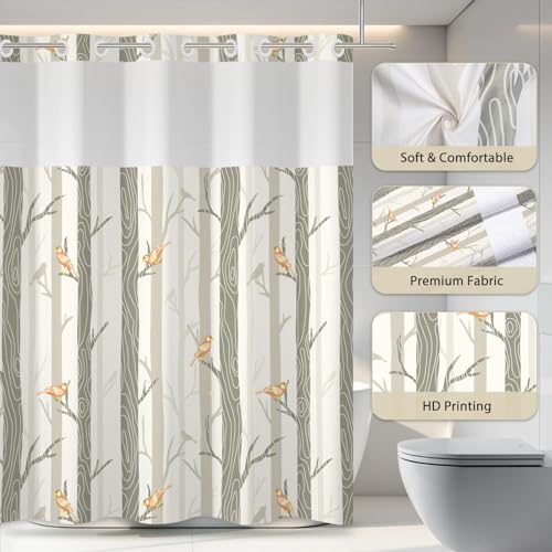 No Hook Shower Curtain with Snap in Liner, Yellow Bird Tree Fabric Shower Curtain Set for Bathroom, Hotel-Quality, See Through Top Window Design, 59" W x 79" L - color: 05 Bird - Yellow, size: 59"W x 79"L (Pack of 1)