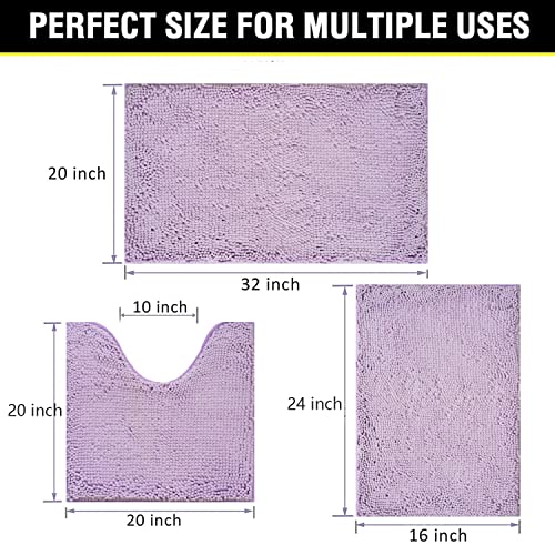 Bathroom Rugs Chenille 3-Piece Extra Soft and Absorbent Shag Bathroom Rugs, Machine Wash Mat, Strong PVC Non-Slip Underside, Plush Carpet Mats, Lavender - color: Lavender, size: 2'8" x 1'8" (16x24"+20x32"+20x20"U shape）