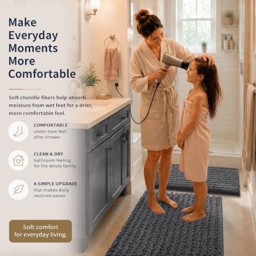 Yimobra Bathroom Rug Set 3 Piece - Super Absorbent Quick Dry Chenille Bath Mats & Toilet Rug, Non Slip Machine Washable, Extra Thick Shaggy Floor Mat for Shower Tub Sink, Dark Gray - color: Dark Gray, size: 24"x20" + 30"x20"+ 44"x24"