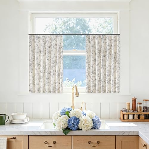 Short Linen Floral Pinch Pleated Curtains 36 Inches Long for Bathroom Black Farmhouse Light Filtering Lily Peony Flower Patterned Cafe Curtain Semi Sheer Drape for RV Camper Small Windows 2 Panels - color: Black, size: 40"W x 36"L (Pack of 2)