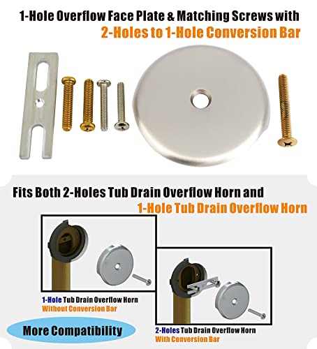 Artiwell Brushed Nickel Universal Tip Toe Tub Drain Conversion Kit - EZ Installation Bathtub Drain Replacement Trim Kit with 1-Hole Overflow Face Plate and Pop-Up Tub Stopper - color: Brushed Nickel