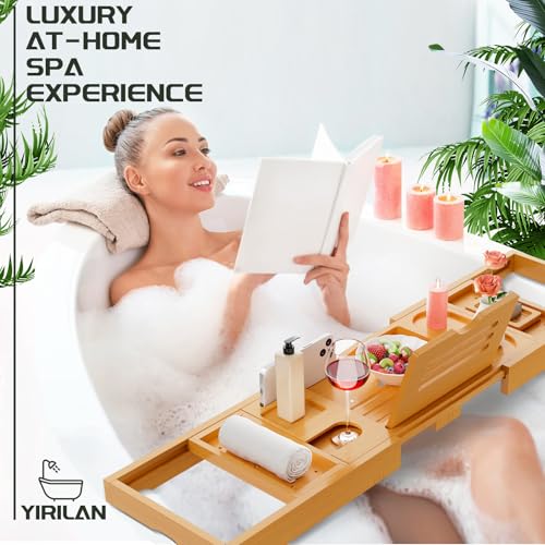 Premium Bathtub Tray Caddy, Expandable Bath Tray, Unique House Warming Gifts, New Home, Anniversary and Wedding Gifts for Couple, Bridal Shower Gift for Women - color: Bamboo