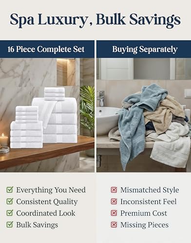 LANE LINEN 100% Cotton Bath Towel Set - 16 Pieces - Super Soft, Highly Absorbent & Quick Dry - 4 Bath, 8 Washcloths, 4 Hand Towels for Bathroom - Hotel Quality, Ideal for Spa, Gym & Travel - White - color: 02: White