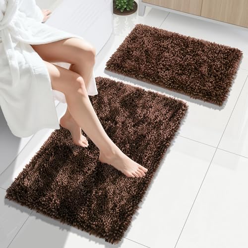 Yimobra Bathroom Rug Set 2 Piece, Luxury Shaggy Bath Mat Set with Non Slip Backing, Ultra Soft & Absorbent Mats for Bathroom Floor, Machine Washable, 31.5"x20"+24"x17", Brown - color: Brown, size: 24x17 + 31.5x20 Inch