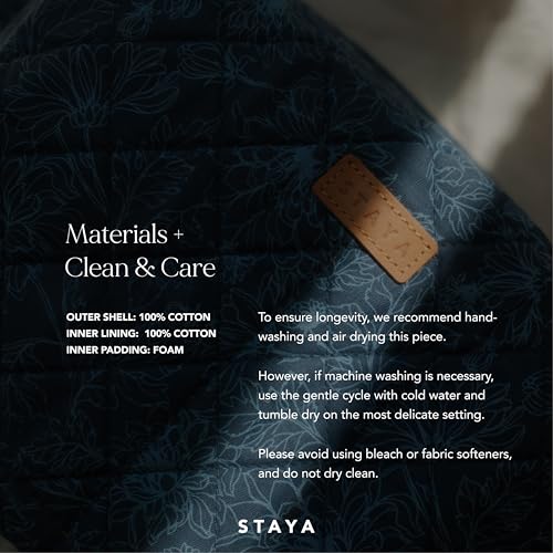 Staya Quilted Makeup Bag for Women – Cotton Travel Cosmetic & Toiletry Pouch, Small Aesthetic Organizer for Purse & Carry-On (Indigo Petals) - color: Indigo