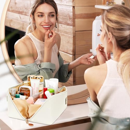 Birthday Gifts for Women Teen Girl, Personalized Initial Makeup Organizer Bag Set, Open Flat Travel Cosmetic Bag With Clear Divider and Handle(Beige,C) - color: Beige, style: C