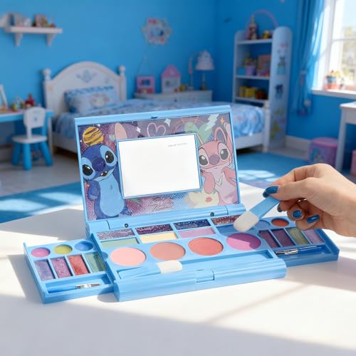 Stitch All-in-One Kids Cosmetic Compact Set Includes Washable Lip Gloss, Eye Shimmer, Cheek Shimmer, Brushes Colorful Portable Beauty Set for Girls, Tweens, by Townley Girl