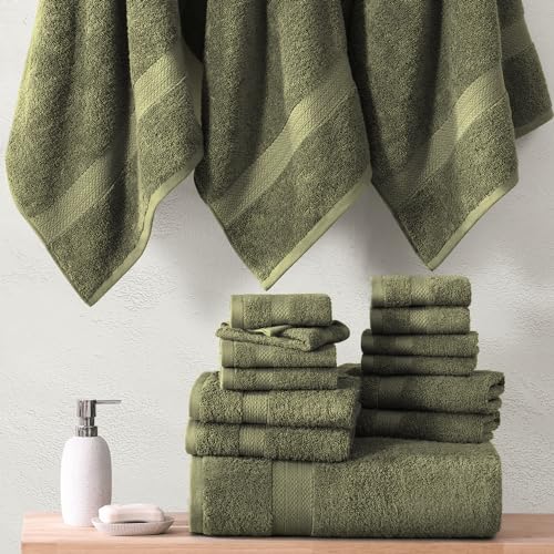 LANE LINEN 100% Cotton Bath Towel Set of 18 - Softer, High Absorbency & Durable - 4 Bath, 8 Wash Cloth, 6 Hand Towels for Bathroom - Premium Look, Spa Quality, Solid Dyed Towels - Oil Green - color: 07: Oil Green, size: 18 Piece Towel Set