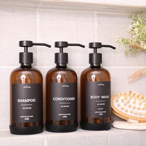 Shampoo and Conditioner Dispenser Set of 3,Refillable 21oz Shampoo Bottles with Non-Slip Protective Silicone Pad,Shower Soap Dispenser with Waterproof Labels for Bathroom (Amber) - color: Amber Bottles + Black Pumps