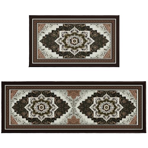 Boho Kitchen Rugs Set 2 Piece 17"x47"+17"x30", Brown Vintage Symmetrical Runner Rug Non Slip Absorbent Mats Farmhouse Washable Kitchen Floor Mat Set for Hallway Laundry Sink Decor - color: Boho Brown