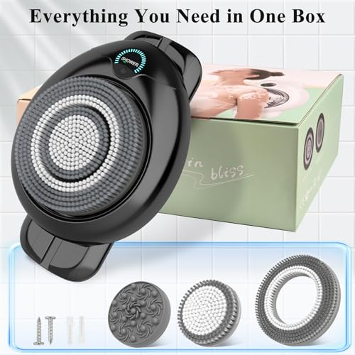 Electric Back Scrubber for Shower - Wall Mounted Exfoliating Brush, Hands-Free Automatic Body Scrubber, IPX7 Waterproof, 3-Speed Adjustment, 3 Replaceable Heads with 50pcs Disposable Shower Caps-Black - color: Black