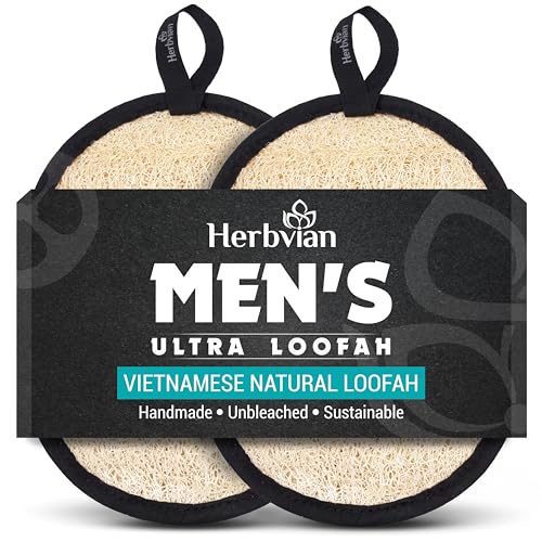 Natural Loofah Body Scrubber for Men, 2PCS Black & White Handmade Vietnamese Luffa Sponge for Shower with Cotton Hanging Tag, Exfoliating Bath Loofah, Durable Body Sponge for Daily Use