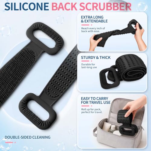 Manmihealth Silicone Back Scrubber for Shower & African Net Sponge Net Set, 36'' Dual-Sided Back Washer & African Long Bath Sponge, Extendable Long Silicone Body Brush(Black+Black) - color: Black+black