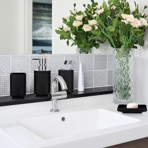 Bathroom Accessory Set 6 Piece Bathroom Accessories Set with Toothbrush Holder&Cup,Soap Dispenser& Dish,Toilet Brush Holder,Trash Can Plastic Gift Set for Bathroom Decorative Countertop (Black - color: Black