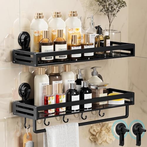 Suction Cup Shower Caddy, 11.8 inch Extended Version,5 Hooks & Towel Rrack, No Drilling Required, Rust-resistant Bathroom Shower Organizer,with 2 Extra Suction Cups for Replacement Use (2Pack-Black) - size: 11.8 inches(2-Pack US)