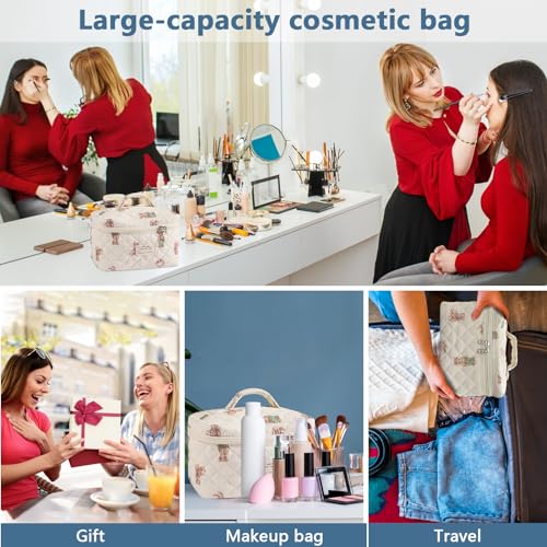 Gosect Large Makeup Bag, Cute Cosmetic Bag for Women Girls, Floral Coquette Aesthetic Toiletry Bag, Travel Make Up Organizer Bag (White-Bear) - color: 018Bear