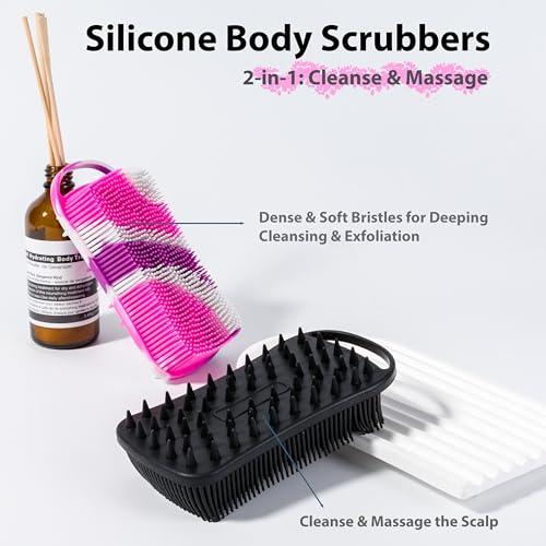 MtBoi 2 PC Silicone Body Scrubber, 2 in 1 Exfoliating Shower Bath Scrubber, Soft Silicone Loofah for Sensitive Skin, Shower Hair Scalp Massager, Easy to Clean, Lather Well (Black&Purple) - color: Black&purple