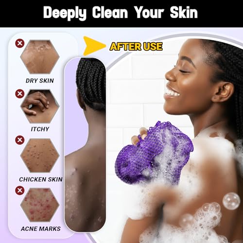 African Net Sponge Authentic 3 Pieces Gentle Exfoliating Body Scrubber Bath Sponges for All Skin Types, African Exfoliating Net Sponge with Handles Washcloth Loofah Bathing Accessories for Shower - style: Bright Green, Bright Pink, Purple