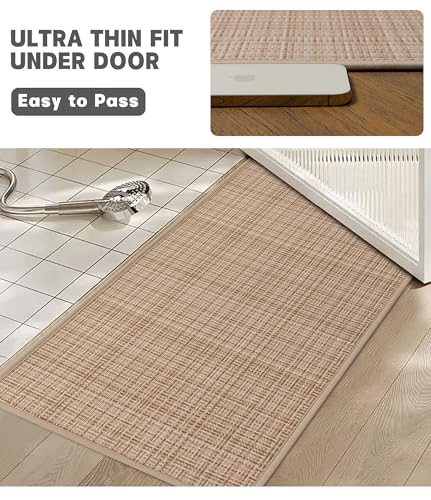 YIHOUSE Bathroom Rugs Sets 3 Pieces, Khaki Ultra Thin Bath Mats Fit Under Door, Absorbent Quickly Dry Rubber Backing Braided Bath Mat Set, Non Slip Washable Bath Rugs for Bathroom Floor, Khaki - color: Khaki Multi, size: 3pieces