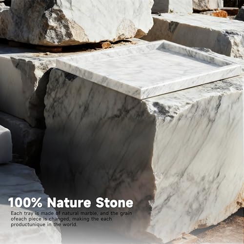 12"x8" Marble Tray White Rectangular Bathroom Tray countertop, Vanity & Kitchen | Includes Mirror Wiper and Wash Towel | Decorative Organizer for Perfume, Jewelry & Home Decor