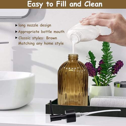 Black Pump Glass Soap Dispenser, 13.5oz Brown Stripe Countertop Refillable Liquid Bottle Hand Dish Lotion Dispenser with Plastic Pump, for Kitchen, Bathroom Countertop - color: Brown
