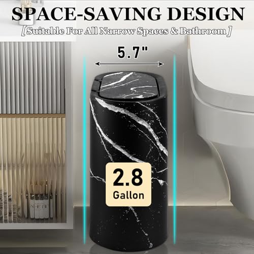 Bathroom Accessories Set, 9-Piece Marble Black Bathroom Set, Black Bathroom Accessories with Slim Trash Can, Soap Dispenser, Toilet Brush, Toothbrush Set, Qtip Holders
